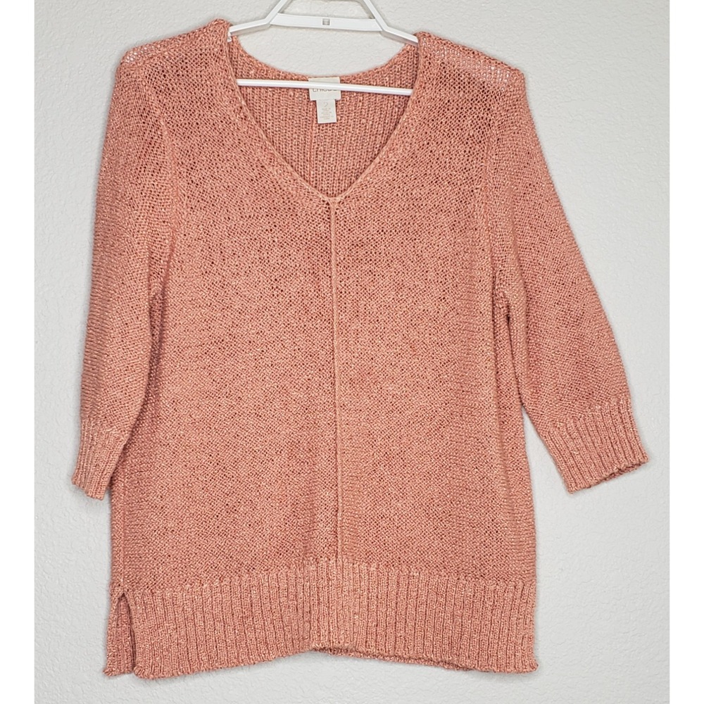 Chico's Tunic Sweater Sz 2 Peach 3/4 Sleeve V-Neck Open Knit Slits Cotton Blend‎